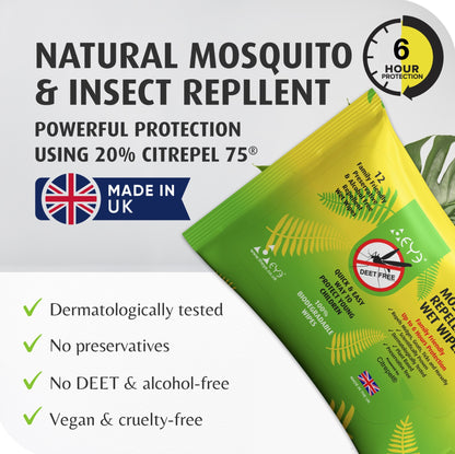 Natural Mosquito & Insect Repellent Wipes | 12 pack | DEET-Free Family Friendly