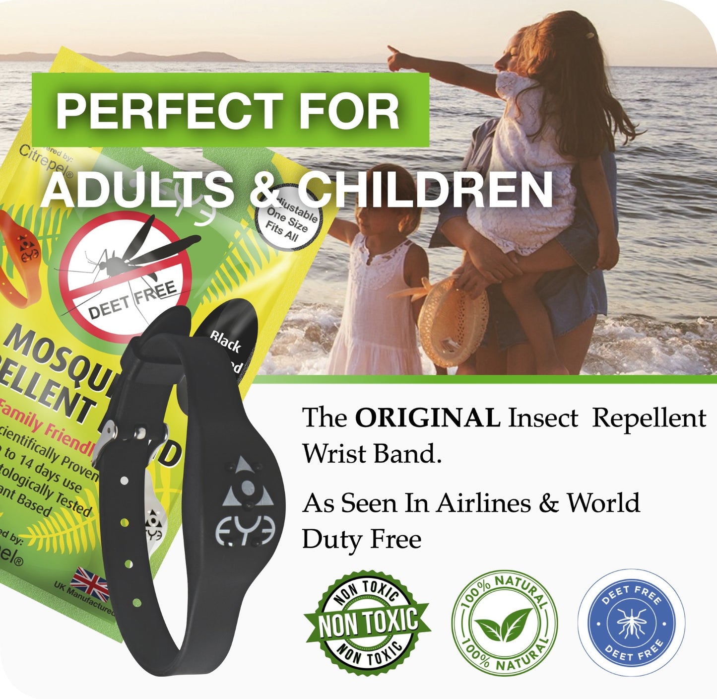 Mosquito Repellent Bracelet - Black Adjustable | Family Friendly | DEET-Free