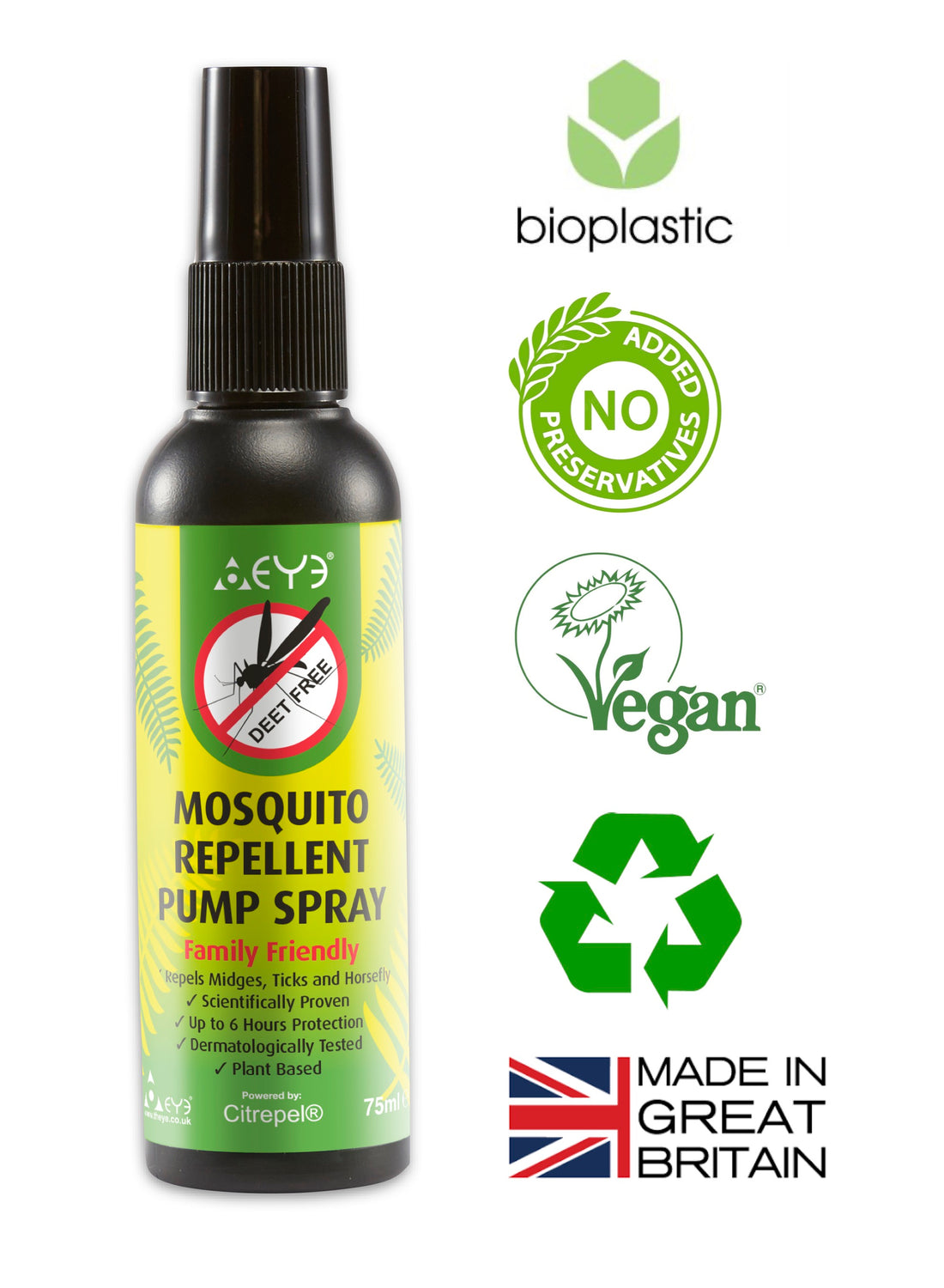 Mosquito Repellent Pump Spray 75ml | Midge, Tick Repellent | Natural DEET free & Alcohol free perfect for children 6 month+